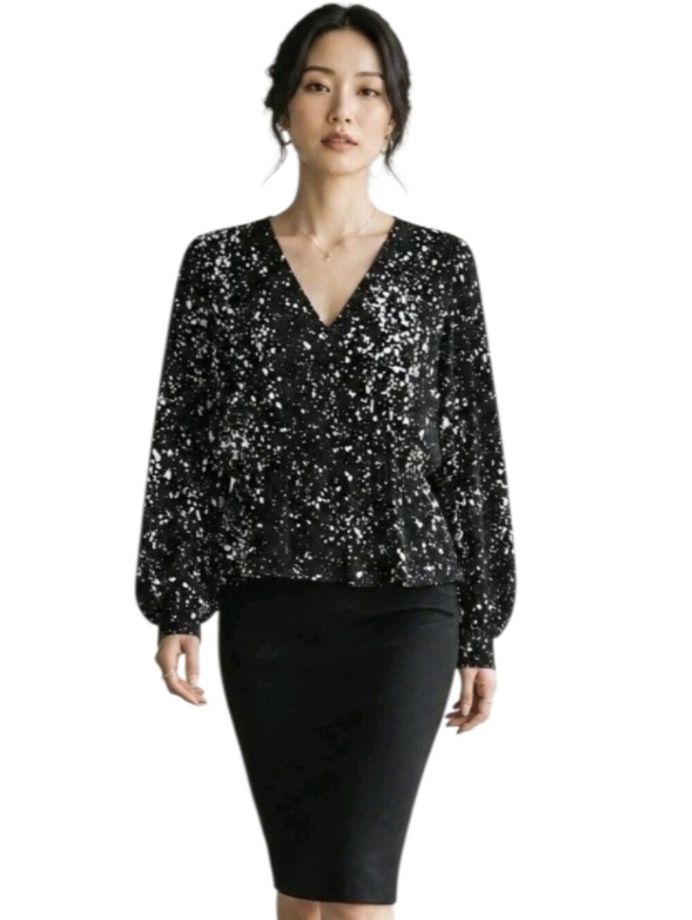 The Kooples Black & White Paint Splatter Silk Blend Blouse